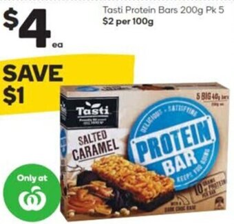 Woolworths Tasti Protein Bars 200g Pk 5 $2 per 100g offer
