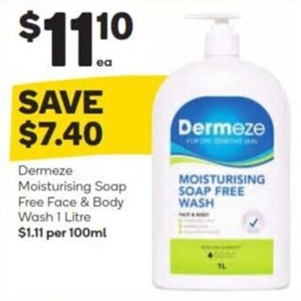 Dermeze Moisturising Soap Free Face & Body Wash 1 Litre $1.11 per 100ml