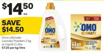 Woolworths Omo Ultimate Laundry Powders 2 kg or Liquid 2 Litre $7.25 per kg/litre offer