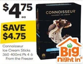 Woolworths Connoisseur Ice Cream Sticks 360 400ml Pk 4 6 From the Freezer offer