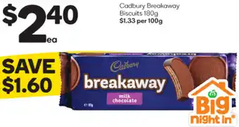 Woolworths Cadbury Breakaway Biscuits 180g $1.33 per 100g offer