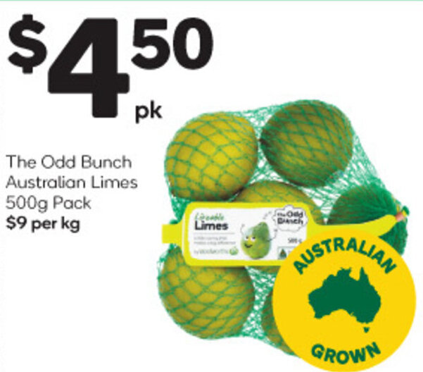 The Odd Bunch Australian Limes 500g Pack 9 per kg offer at Woolworths