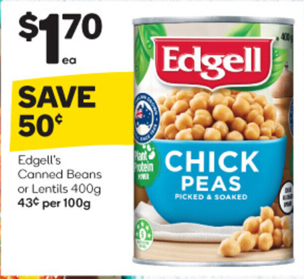 Edgell's Canned Beans or Lentils 400g 43¢ per 100g offer at Woolworths
