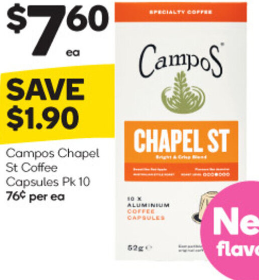 Campos Chapel St Coffee Capsules Pk 10 76¢ per ea offer at Woolworths