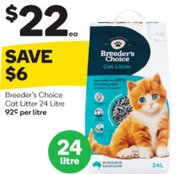 Breeder's Choice Cat Litter 24 Litre 92¢ per litre offer at Woolworths