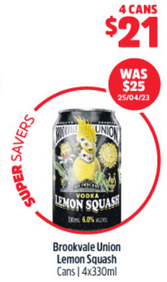 Woolworths Brookvale Union Lemon Squash Cans | 4x330ml offer