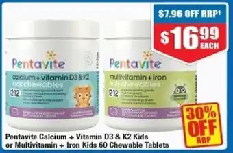 Pentative Calcium + Vitamin D3 & K2 Kids Or Multivitamin + Iron Kids 60 Chewable Tablets