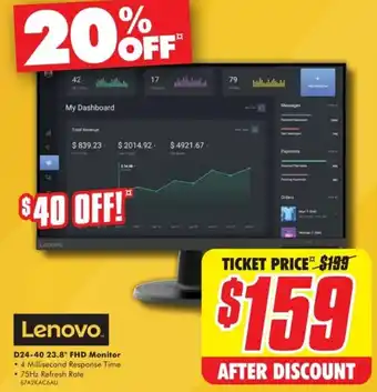 The Good Guys Lenovo D24-40 23.8" FHD Monitor • 4 Millisecond Response Time • 75Hz Refresh Rate 67A2KAC6AU offer
