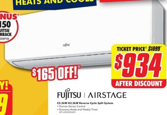 The Good Guys FUJITSU AIRSTAGE C2.5kW H3.2kW Reverse Cycle Split System offer