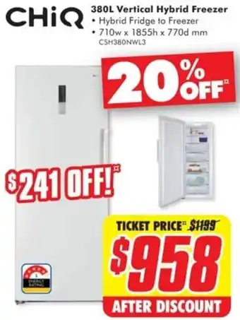 The Good Guys CHIQ 380L Vertical Hybrid Freezer • Hybrid Fridge to Freezer • 710w x 1855h x 770d mm CSH380NWL3 offer