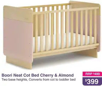 Boori Neat Cot Bed Cherry & Almond $469 Two base heights, Converts from cot to toddler bed