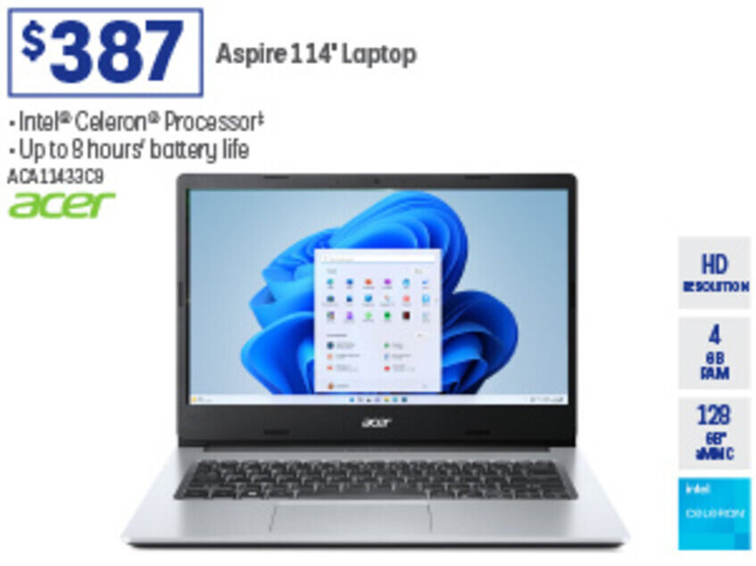 Aspire 114 Laptop Intel® Celeron® Processor Up to 8 hours' battery