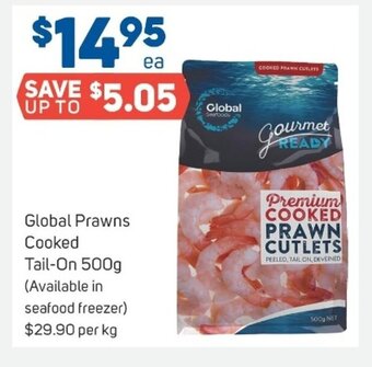 Foodland Global Prawns Cooked Tail-On 500g offer