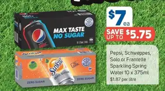 Foodland Pepsi, Schweppes, Solo or Frantelle Sparkling Spring Water 10 x 375ml offer