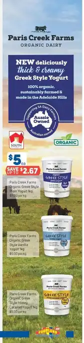 Foodland Paris Creek Farms Organic Greek Style Plain Yoghurt 1kg offer