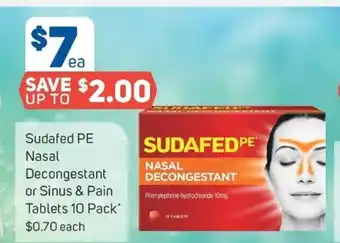 Sudafed PE Nasal Decongestant or Sinus & Pain Tablets 10 Pack