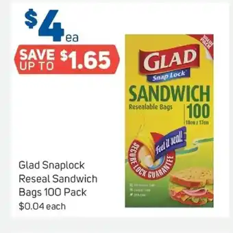 Foodland Glad Snaplock Reseal Sandwich Bags 100 Pack offer