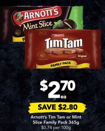 Drakes Arnott's Tim Tam or Mint Slice Family Pack 365g offer