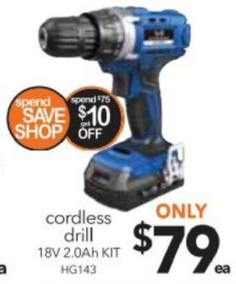 Cheap as Chips Cordless Drill 18V 2.0Ah Kit - HG143 offer