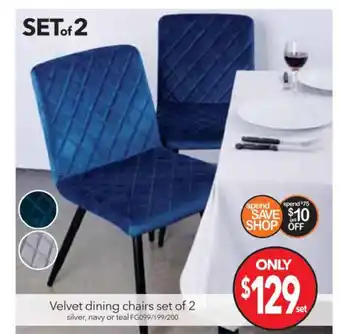 Cheap as Chips Velvet Dining Chairs Set of 2 Silver, Navy or Teal - FG099/199/200 offer