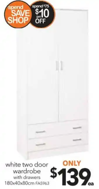 Cheap as Chips White Two Door Wardrobe with Drawers 180x40x80cm - FA5963 offer
