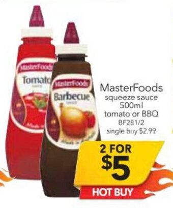 MasterFoods Squeeze Sauce 500ml Tomato or BBQ
