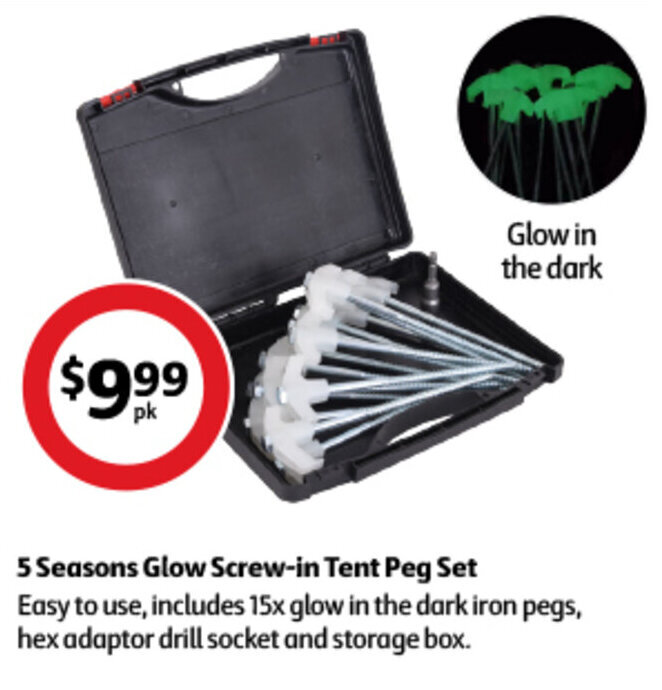 5 Seasons Glow Screwin Tent Peg Set offer at Coles