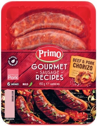 Coles Primo gourmet beef & pork chorizo sausages 450g offer