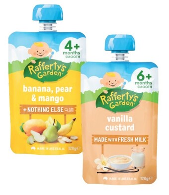 Coles Rafferty's garden 4+ months, 6+ months or 8+ months baby food pouch 120g offer