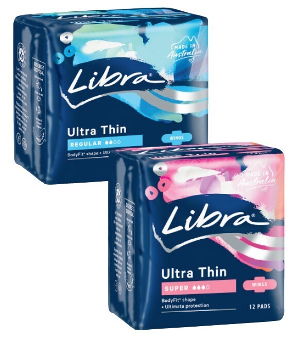 Libra ultra thin pads with wings regular 14 pack or super 12 pack offer at Coles