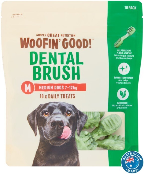 Woofin' good dog treat dental brush 5 pack or 10 pack offer at Coles