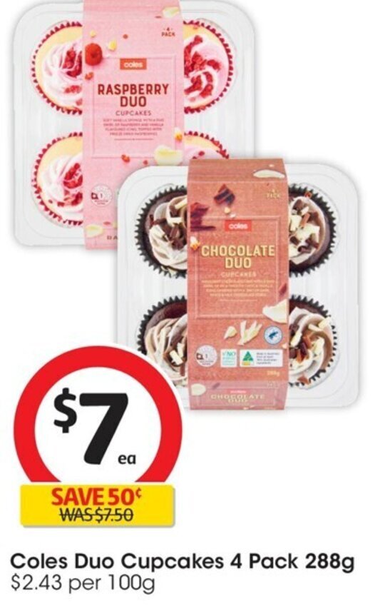 Coles Duo Cupcakes 4 Pack 288g 2.43 per 100g offer at Coles
