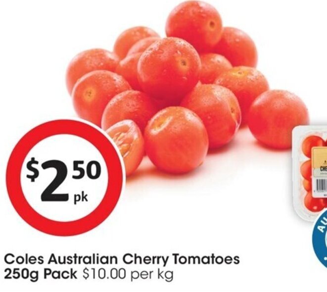 Coles Australian Cherry Tomatoes 250g Pack 10.00 per kg offer at Coles