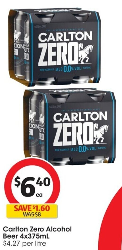 Carlton Zero Alcohol Beer 4x375mL 4.27 per litre offer at Coles
