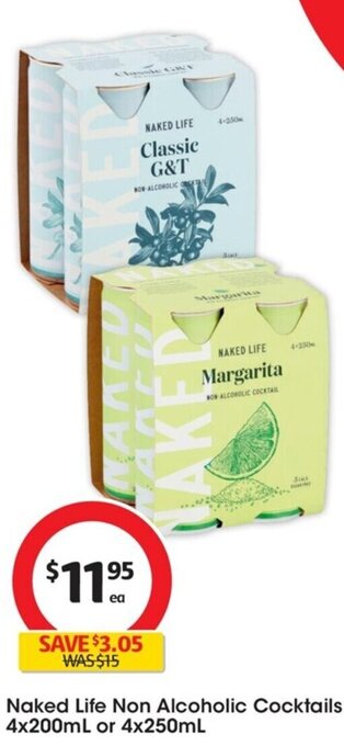 Coles Naked Life Non Alcoholic Cocktails 4x200mL or 4x250mL offer