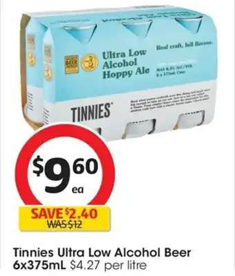 Coles Tinnies Ultra Low Alcohol Beer 6x375mL $4.27 per litre offer