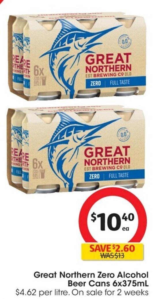 Great Northern Zero Alcohol Beer Cans 6x375mL offer at Coles
