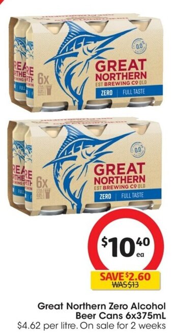 Coles Great Northern Zero Alcohol Beer Cans 6x375mL offer
