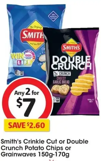 Coles Smith's Crinkle Cut or Double Crunch Potato Chips or Grainwaves 150g-170g offer
