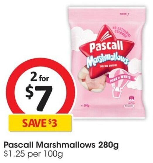 Pascall Marshmallows 280g 1.25 per 100g offer at Coles