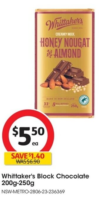Coles Whittaker's Block Chocolate 200g-250g offer