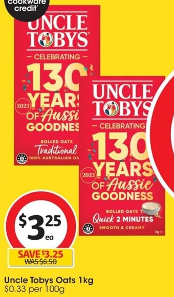 Coles Uncle Tobys Oats 1kg $0.33 per 100g offer