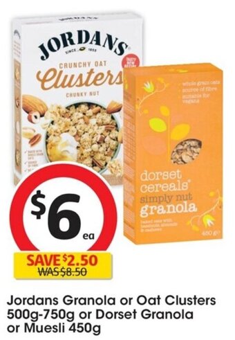 Coles Jordans Granola or Oat Clusters 500g-750g or Dorset Granola or Muesli 450g offer