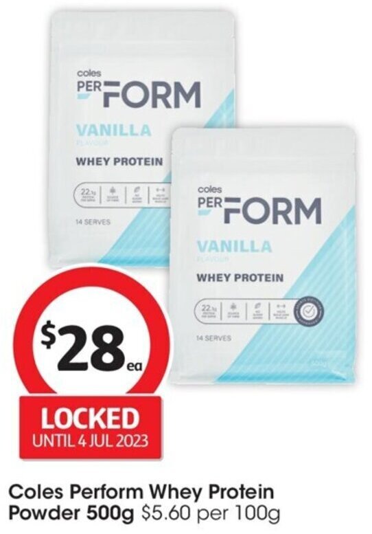 Coles Perform Whey Protein Powder 500g 5.60 per 100g offer at Coles