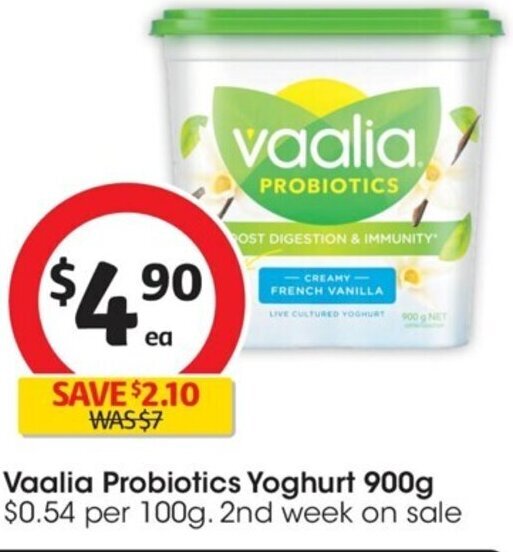 Vaalia Probiotics Yoghurt 900g 0.54 per 100g. 2nd week on sale offer