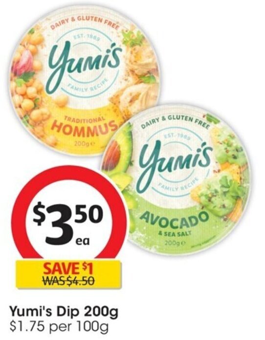 Yumi's Dip 200g 1.75 per 100g offer at Coles