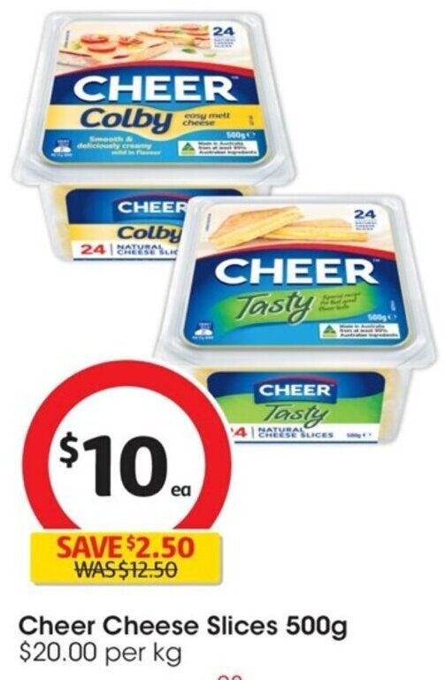Cheer Cheese Slices 500g 20.00 per kg offer at Coles