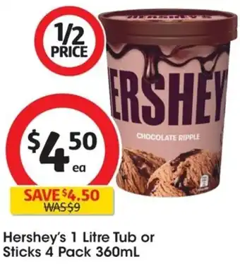 Coles Hershey's 1 Litre Tub or Sticks 4 Pack 360mL offer