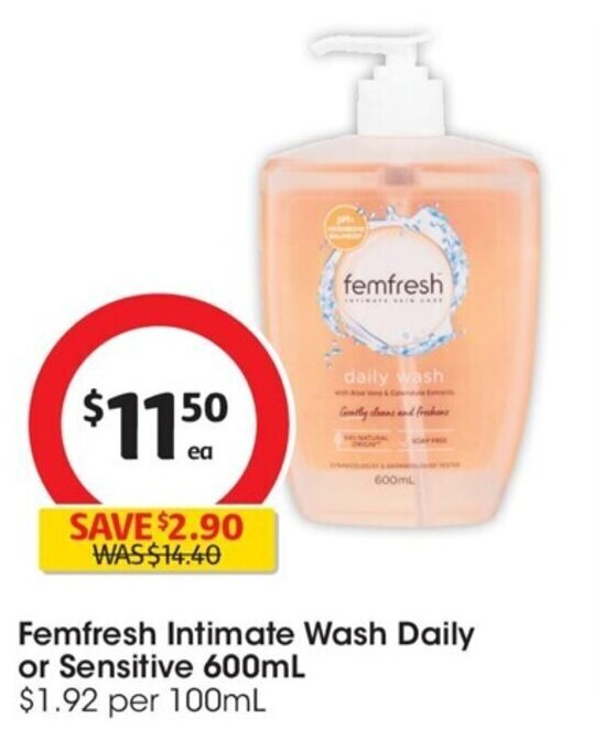 Femfresh Intimate Wash Daily or Sensitive 600mL 1.92 per 100mL offer