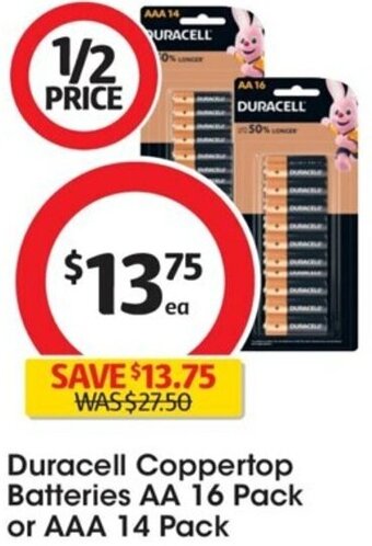 Coles Duracell Coppertop Batteries AA 16 Pack or AAA 14 Pack offer